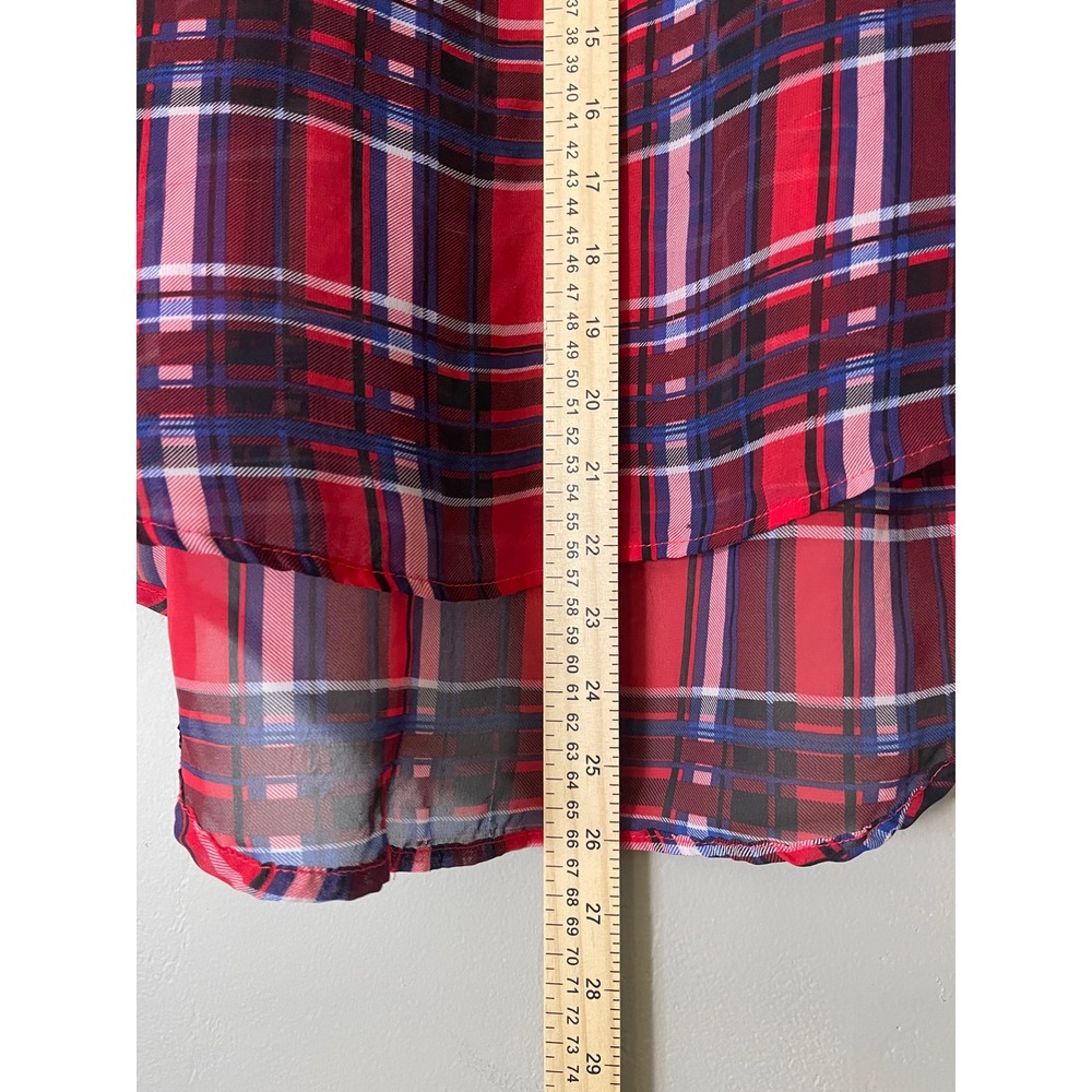 No Boundaries Womens Red Plaid Sheer Roll Tab Sleeve High Low Blouse Size M 7-9 - Picture 7 of 7